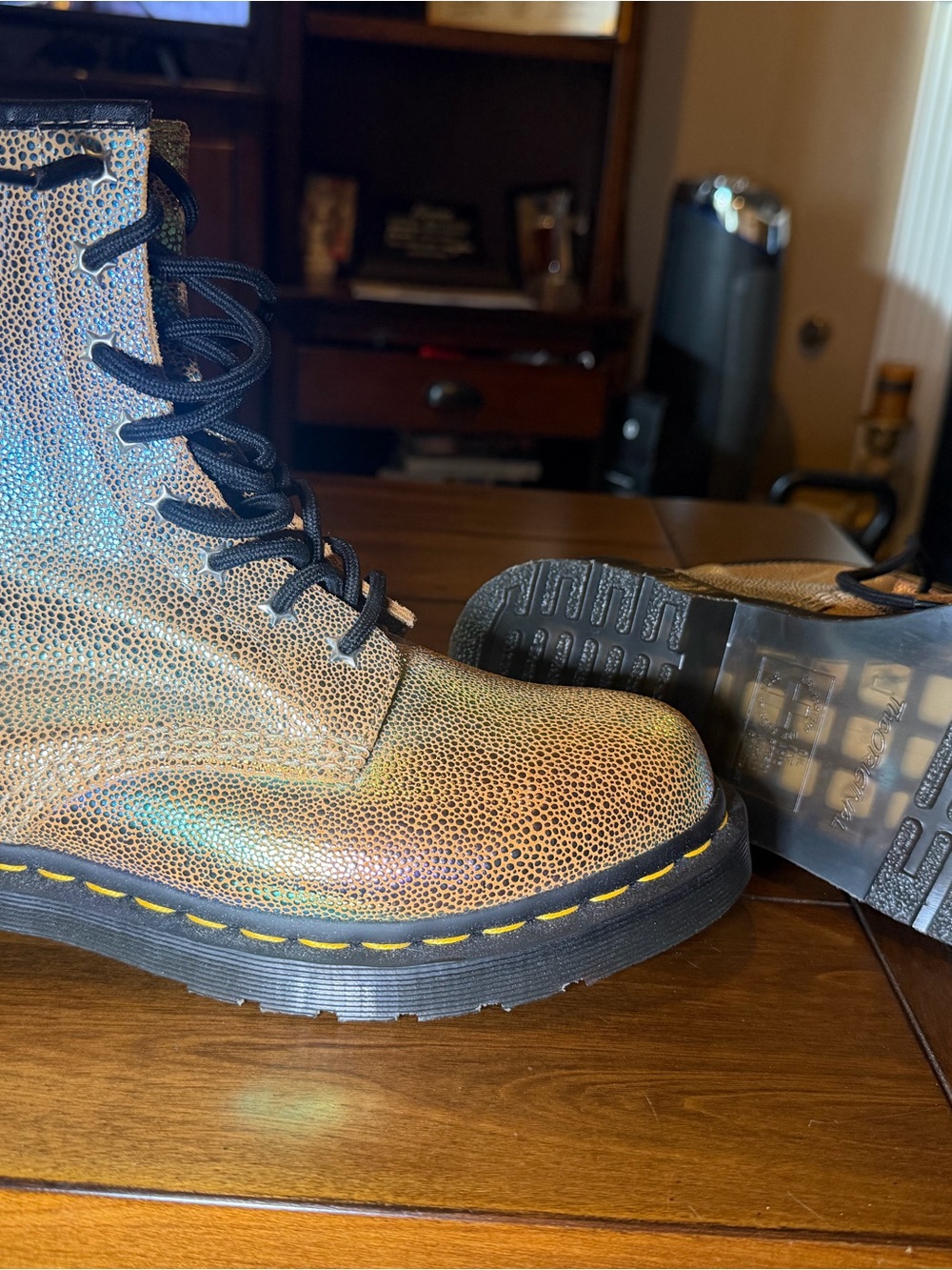 Dr. Martens Iridescent Gold Lace-Up Combat Boots with Yellow Stitching - Picture 3 of 7